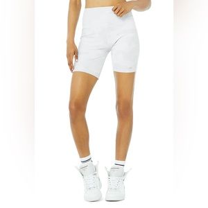 White camo Alo biker shorts